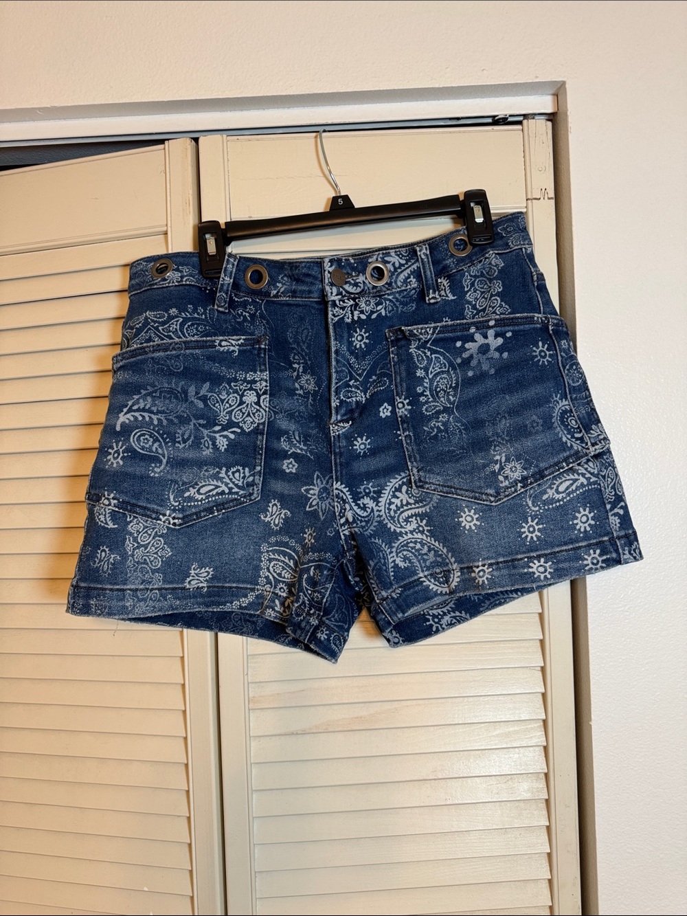 Risen High-Rise Blue Paisley Print Denim Shorts with Grommet Waist